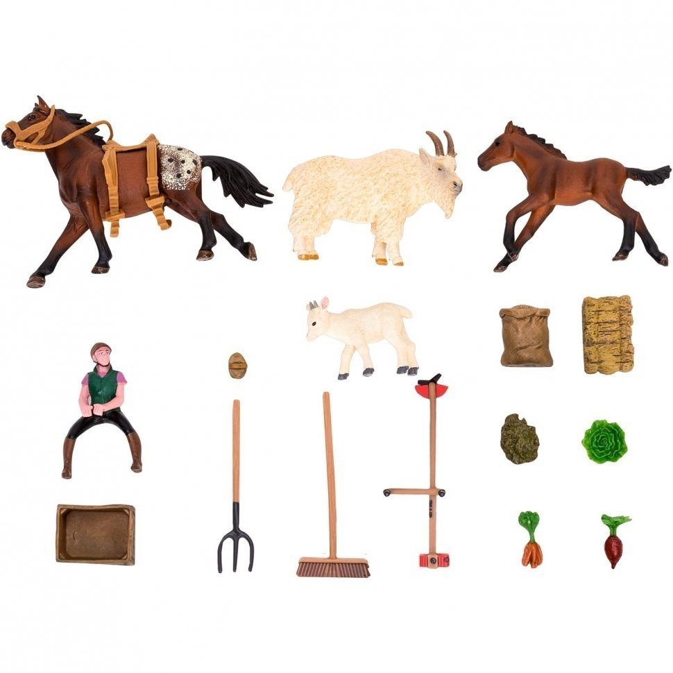 Набор фигурок животных серии "На ферме": Ферма игрушка, 18 фигурок домашних животных (лошади, козы), персонажей и инвентаря (ММ205-045)