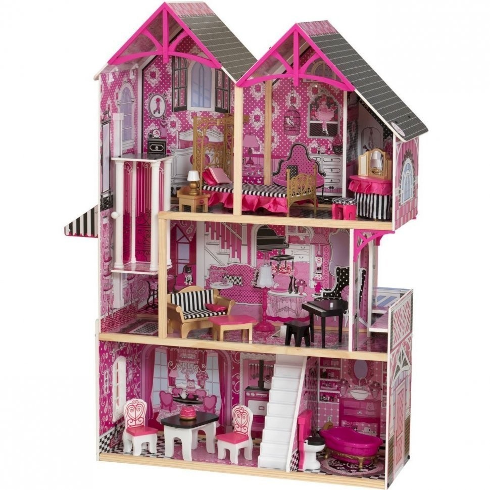 Деревянный кукольный домик "Бэлла", с мебелью 16 предметов в наборе, свет, звук, для кукол 30 см (65944_KE)