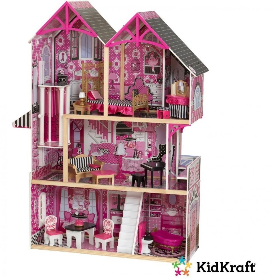 Деревянный кукольный домик "Бэлла", с мебелью 16 предметов в наборе, свет, звук, для кукол 30 см (65944_KE)