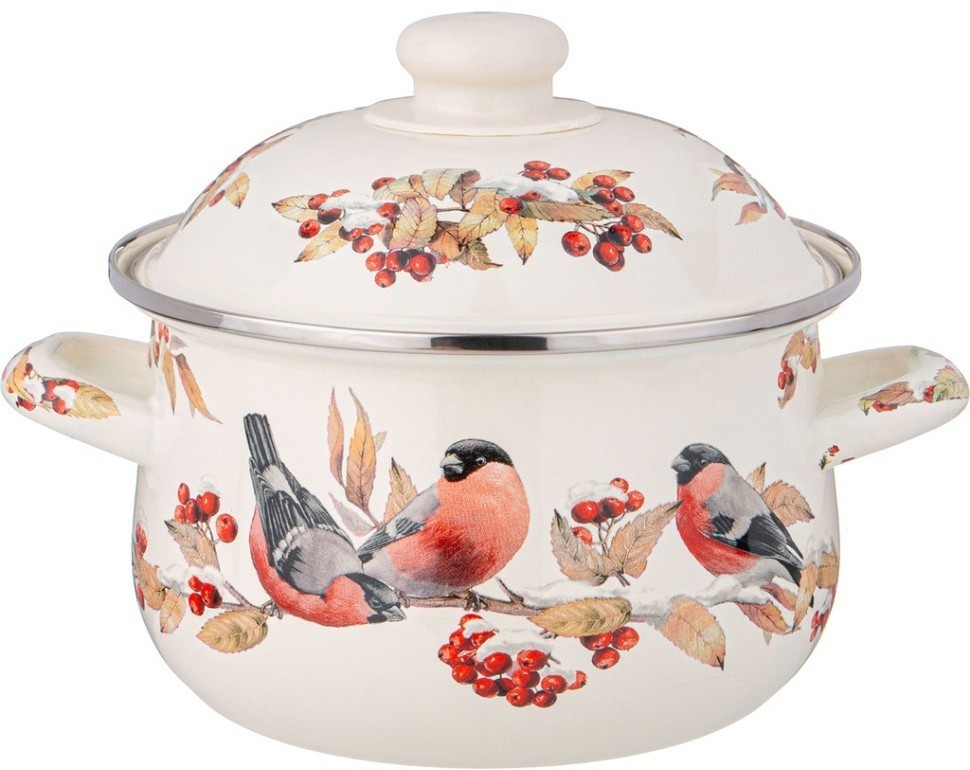 Кастрюля agness эмалированная с эмал.крышкой серия "снегири", 2.0 л, 18*11 см (934-731)