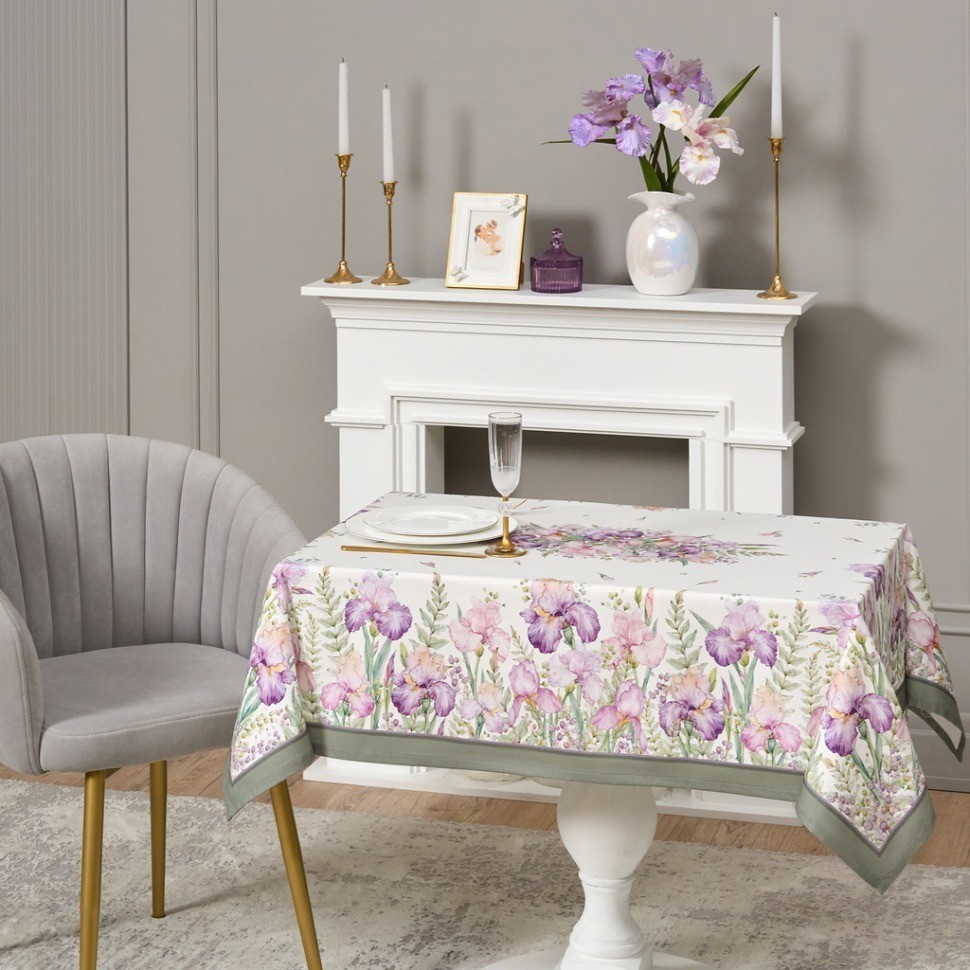 Скатерть ирисы 110х140см ,белый, 100% хлопок,твил пропитка Lefard (850-743-20)