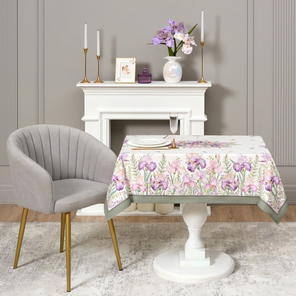 Скатерть ирисы 110х140см ,белый, 100% хлопок,твил пропитка Lefard (850-743-20)