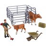 Игрушки фигурки в наборе серии "На ферме", 7 предметов (рыжая корова, теленок, фермер, ограждение-загон, аксессуары) (MM215-345)