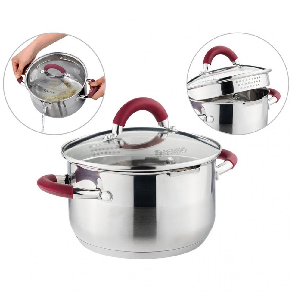 Кастрюля agness "profi home" со стеклянной крышкой, 2,0л 18x10.5 см цвет ручек:бордо Agness (914-206)