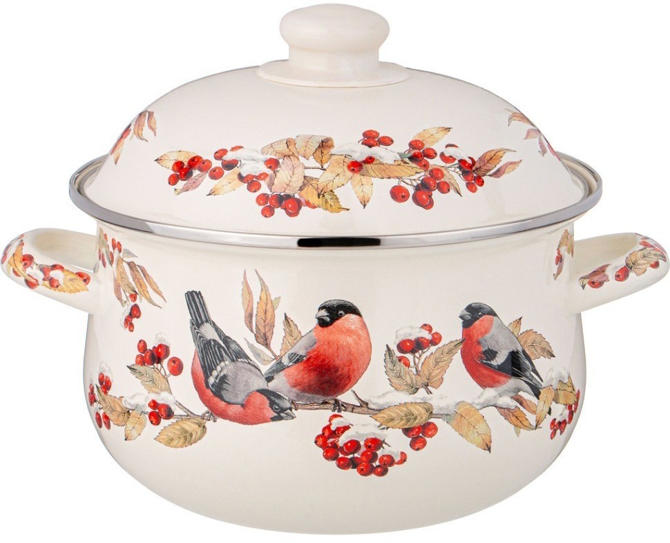Кастрюля agness эмалированная с эмал.крышкой серия "снегири", 2.8 л, 20*12 см (934-732)