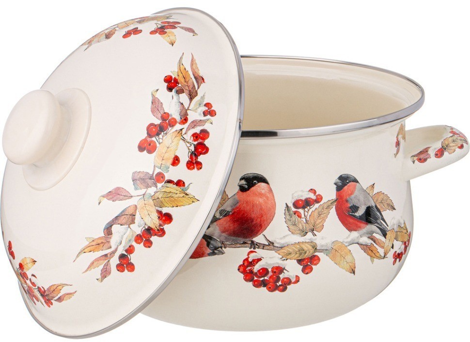 Кастрюля agness эмалированная с эмал.крышкой серия "снегири", 2.8 л, 20*12 см (934-732)