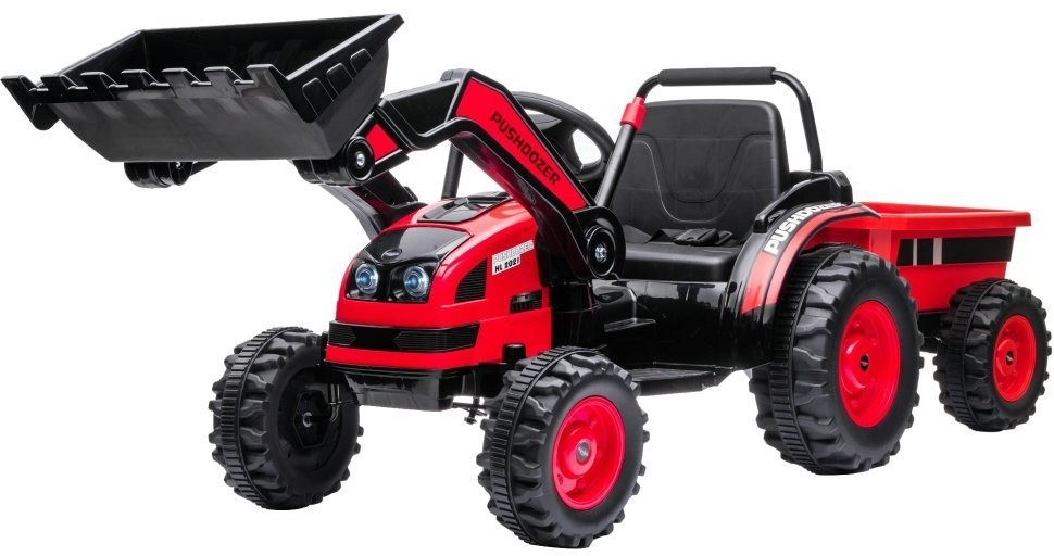 Детский электромобиль трактор с ковшом и прицепом (красный, 2WD, EVA) (HL389-LUX-RED-TRAILER)