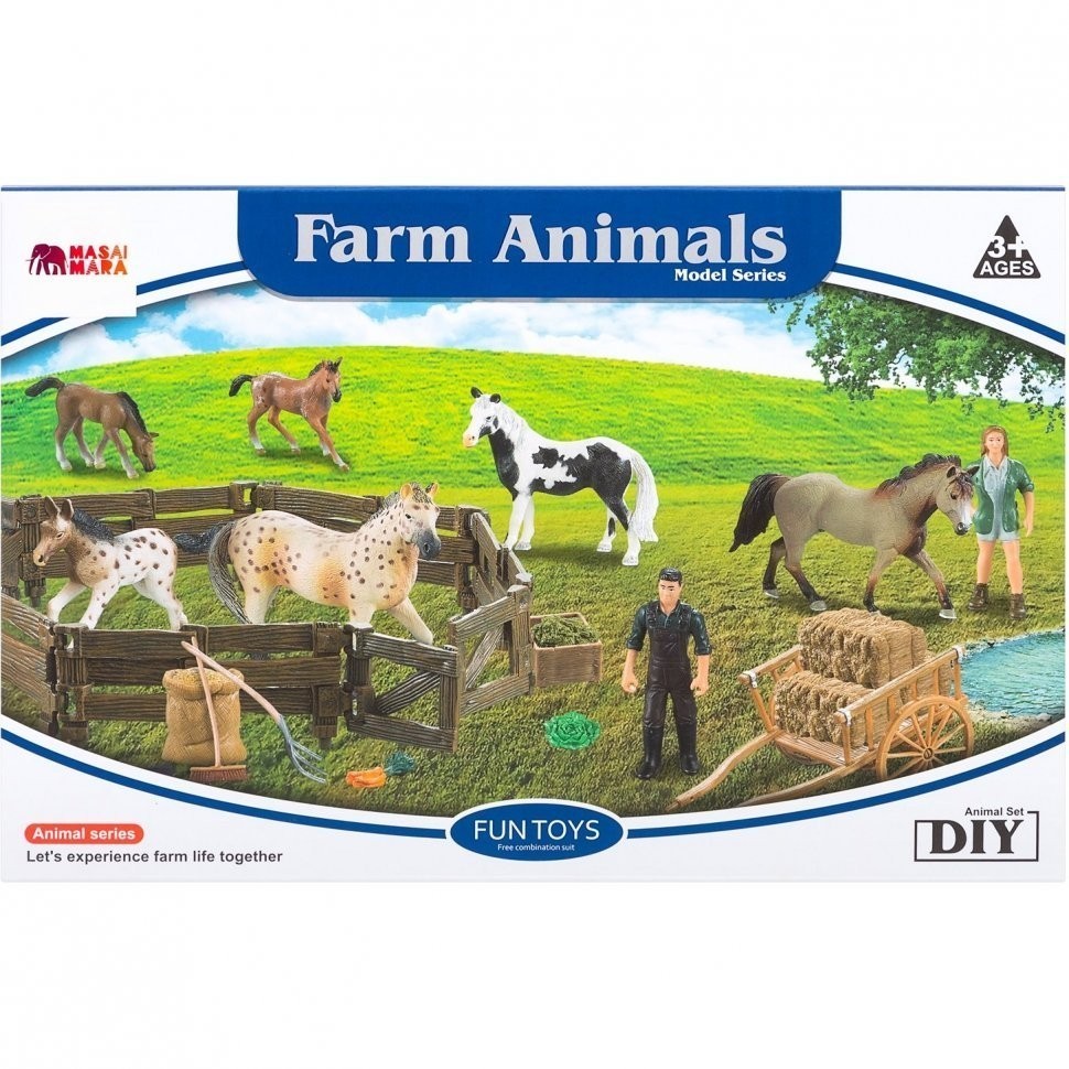 Набор фигурок животных серии "Мир лошадей": Конюшня игрушка, лошади, фермер, инвентарь - 16 предметов (ММ205-072)