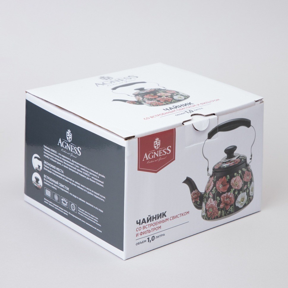 Чайник agness "маки" со встроенным свистком и фильтром 1000 мл (916-410)