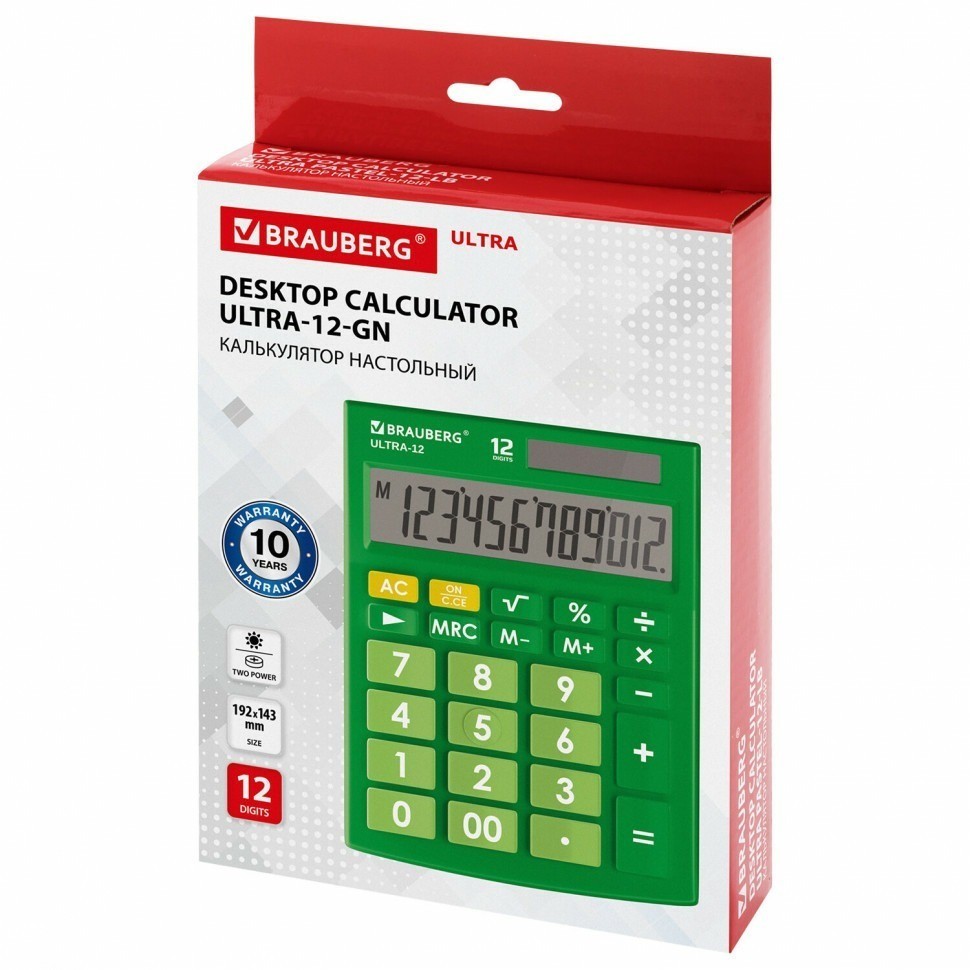 Калькулятор настольный Brauberg Ultra-12-GN (192x143 мм) 12 раз. двойн. пит. зеленый 250493 (89751)