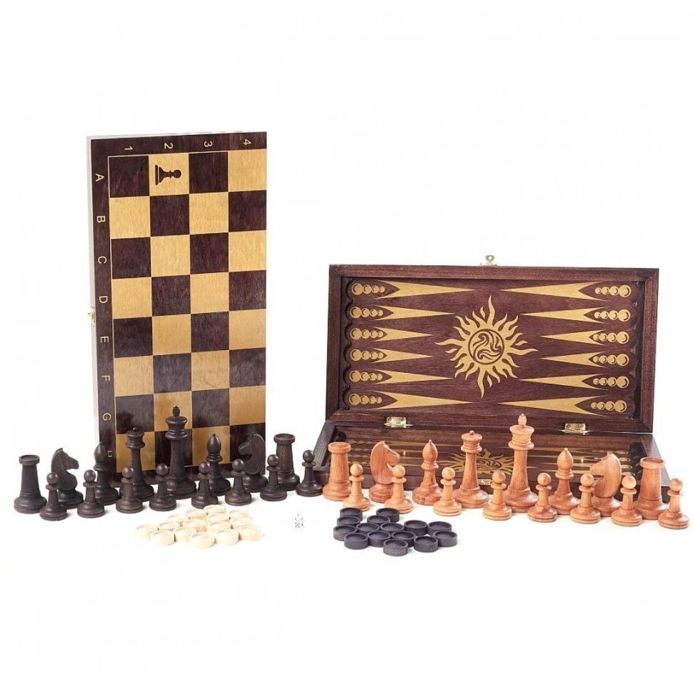 Игра 3в1 малая венге, рисунок золото с гроссмейстерскими буковыми шахматами (нарды, шахматы, шашки) (46251)