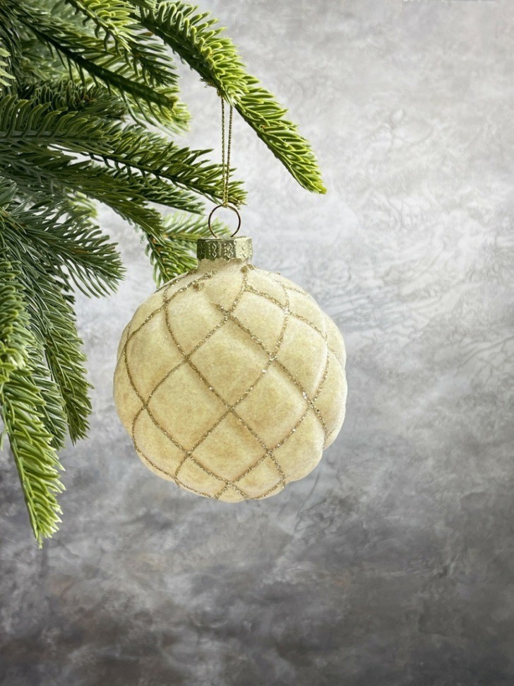 Набор стеклянных шаров  ø 8 см 6 шт. оливковый с узором шампань в дисплее (87216)