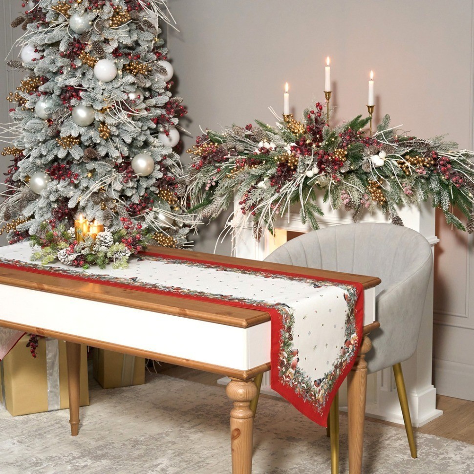 Дорожка "морозко.снегири "45х300см ,красный, 100% хлопок,твил пропитка Lefard (850-745-32)