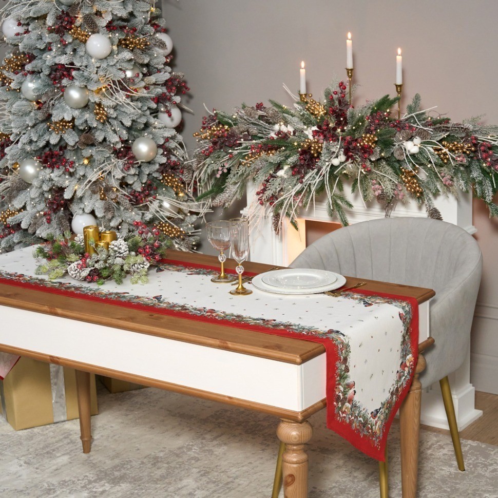 Дорожка "морозко.снегири "45х300см ,красный, 100% хлопок,твил пропитка Lefard (850-745-32)