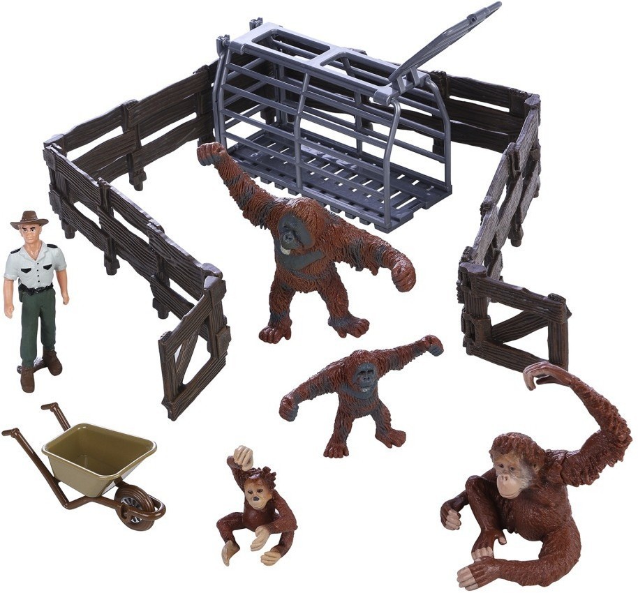 Игрушки фигурки в наборе серии "На ферме", 7 предметов (рейнджер, тележка, семья орангутанов, ограждение-загон) (MM215-252)