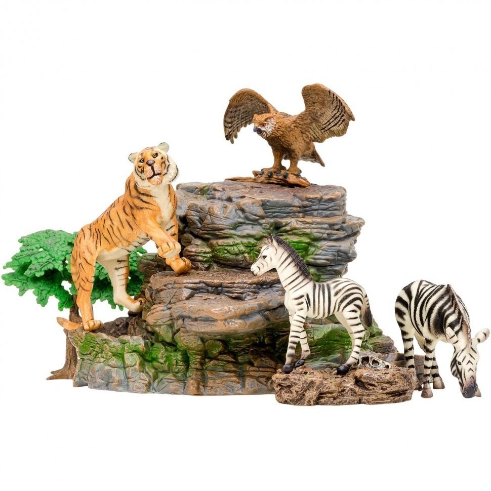 Набор фигурок животных серии "Мир диких животных": Тигр, 2 зебры, филин (набор из 4 фигурок животных и 3 аксессуаров) (MM201-015)