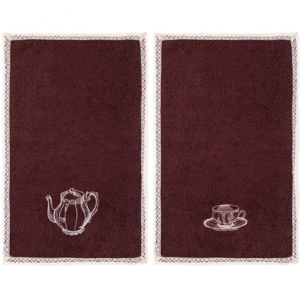 Комплект полотенец из 2-х шт 50х30 в корзине "беседа",х/б 100%,вышивка/махра, коричневый, SANTALINO (850-840-51)
