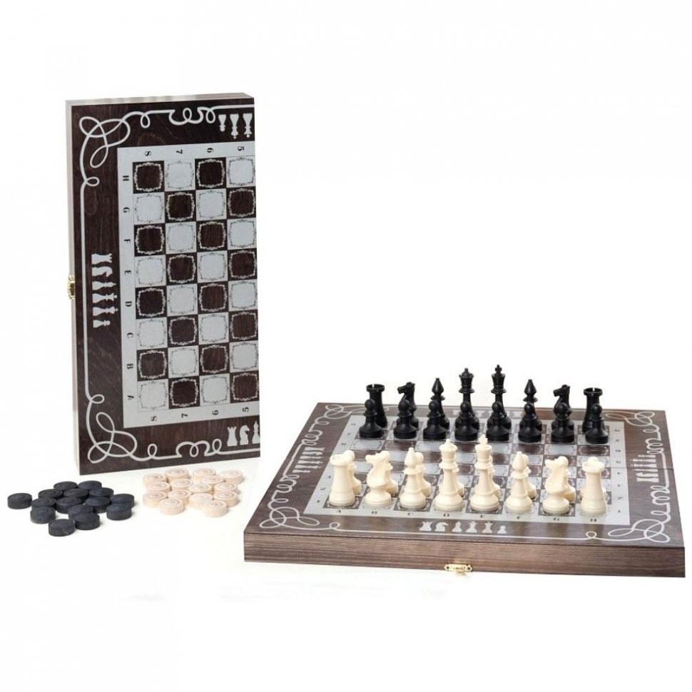 Игра 2в1 малая венге, рисунок серебро с обиходными деревянными шахматами "Объедовские" (шахматы, шаш (46226)