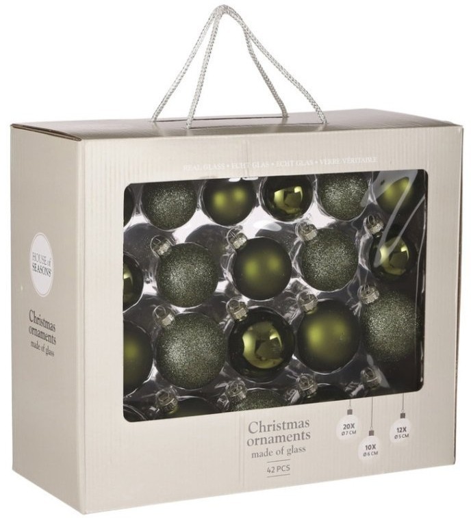 Набор стеклянных шаров 42 шт. зеленый в коробке (86313)