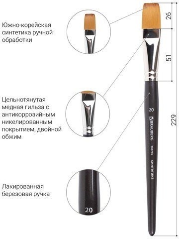 Кисть художественная синтетика мягкая плоская № 20 короткая ручка 200705 (3) (86184)