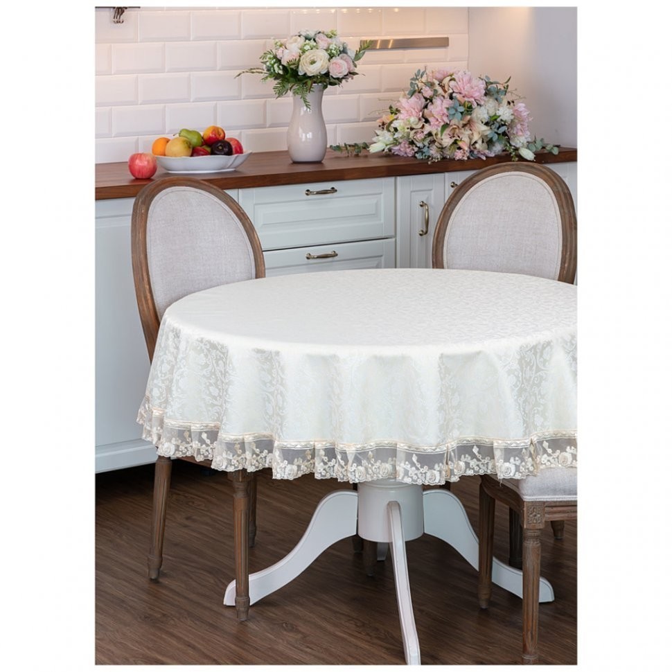 Скатерть круглая "ричард" d160см, 100% п/э, с кружевом, св .золотистый, жаккард SANTALINO (850-881-03)