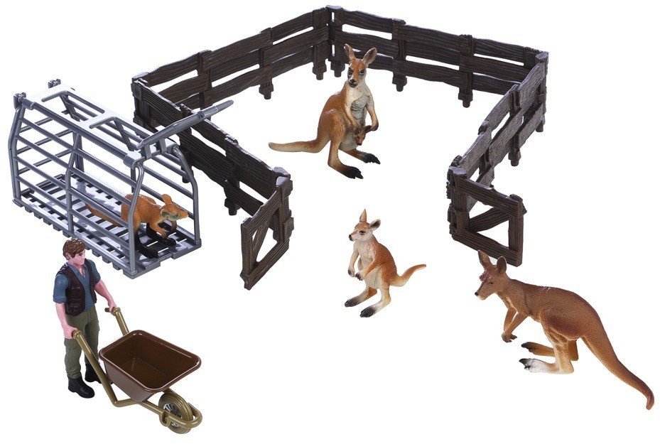 Игрушки фигурки в наборе серии "На ферме", 7 предметов (фермер, тележка, семья кенгуру, ограждение-загон) (MM215-253)