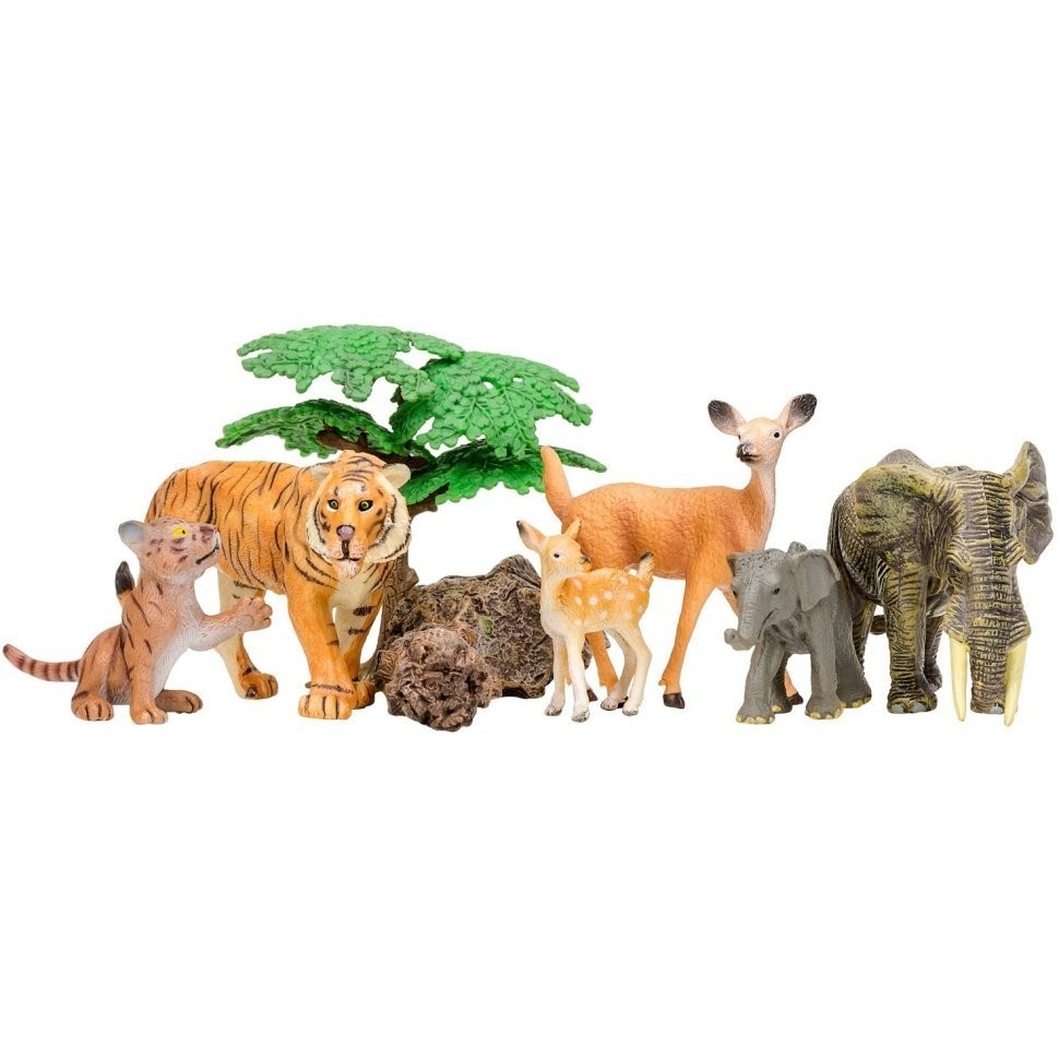 Набор фигурок животных серии "Мир диких животных": Тигр с тигренком, слон со слоненком, олень с олененком (набор из 6 фигурок животных и 3 аксессуаров (MM201-014)