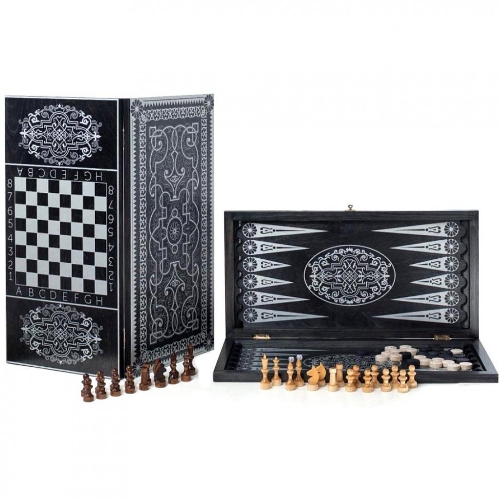 Игра 3в1 большая черная, рисунок серебро с обиходными деревянными шахматами "Объедовские" (нарды, ша (46244)