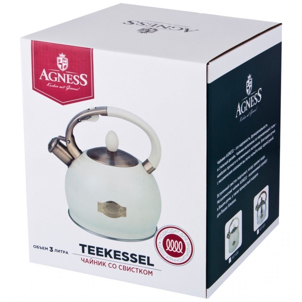 Чайник agness со свистком, серия тюдор, 3,0 л термоаккумулирующее дно, индукция (937-830)