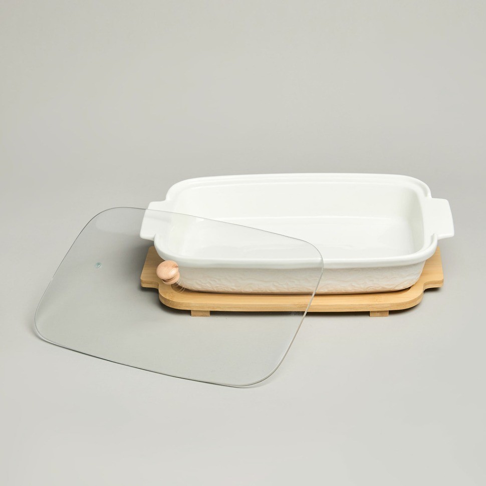 Блюдо для выпекания и сервировки lefard "muse" со стекл.крышкой на дер.подставке 34,5*21*11см 1400мл (587-243)