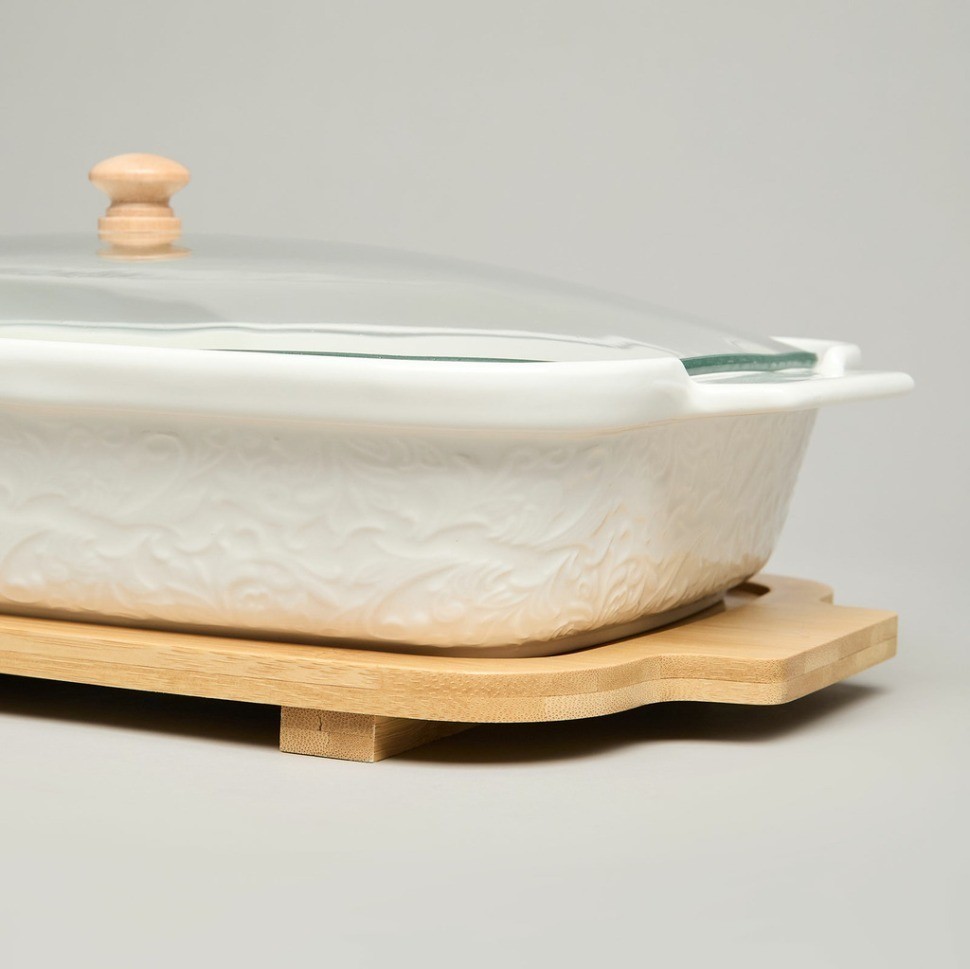 Блюдо для выпекания и сервировки lefard "muse" со стекл.крышкой на дер.подставке 34,5*21*11см 1400мл (587-243)