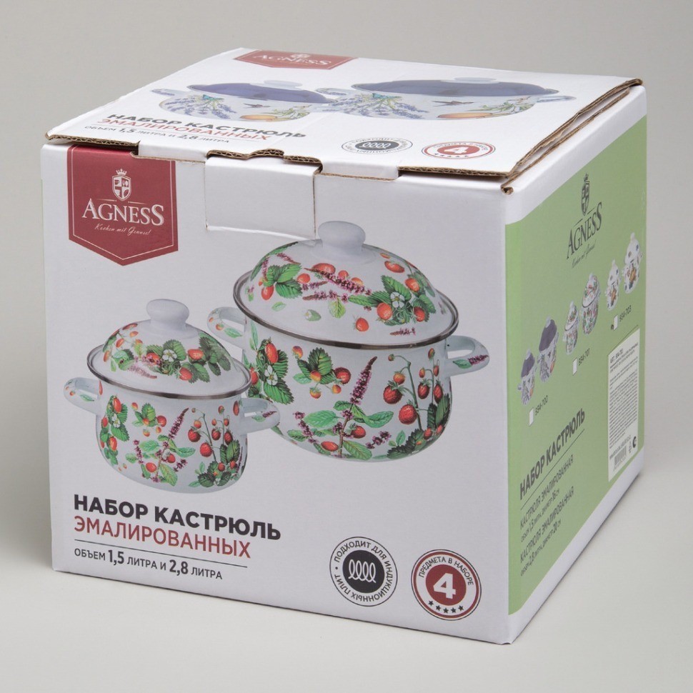 Набор кастрюль agness эмалированных серия "фрукты", 4пр. 1,5л и 2,8л, 16х10см, 20х12см (934-703)