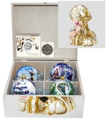 Новогодний набор на 4 шара Фарфоровая душа с кристаллами Swarovski (2568)