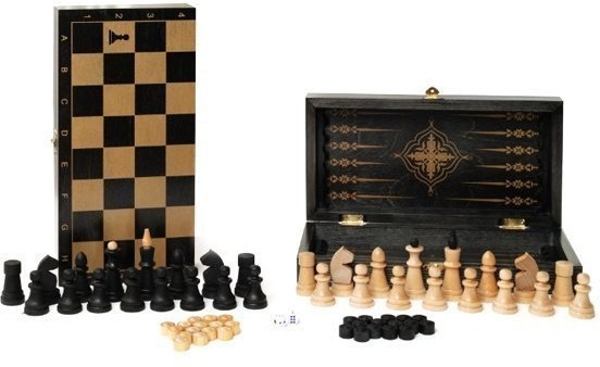 Игра 3в1 дорожная черная, рисунок золото с обиходными деревянными шахматами "Объедовские" (нарды, ша (46147)