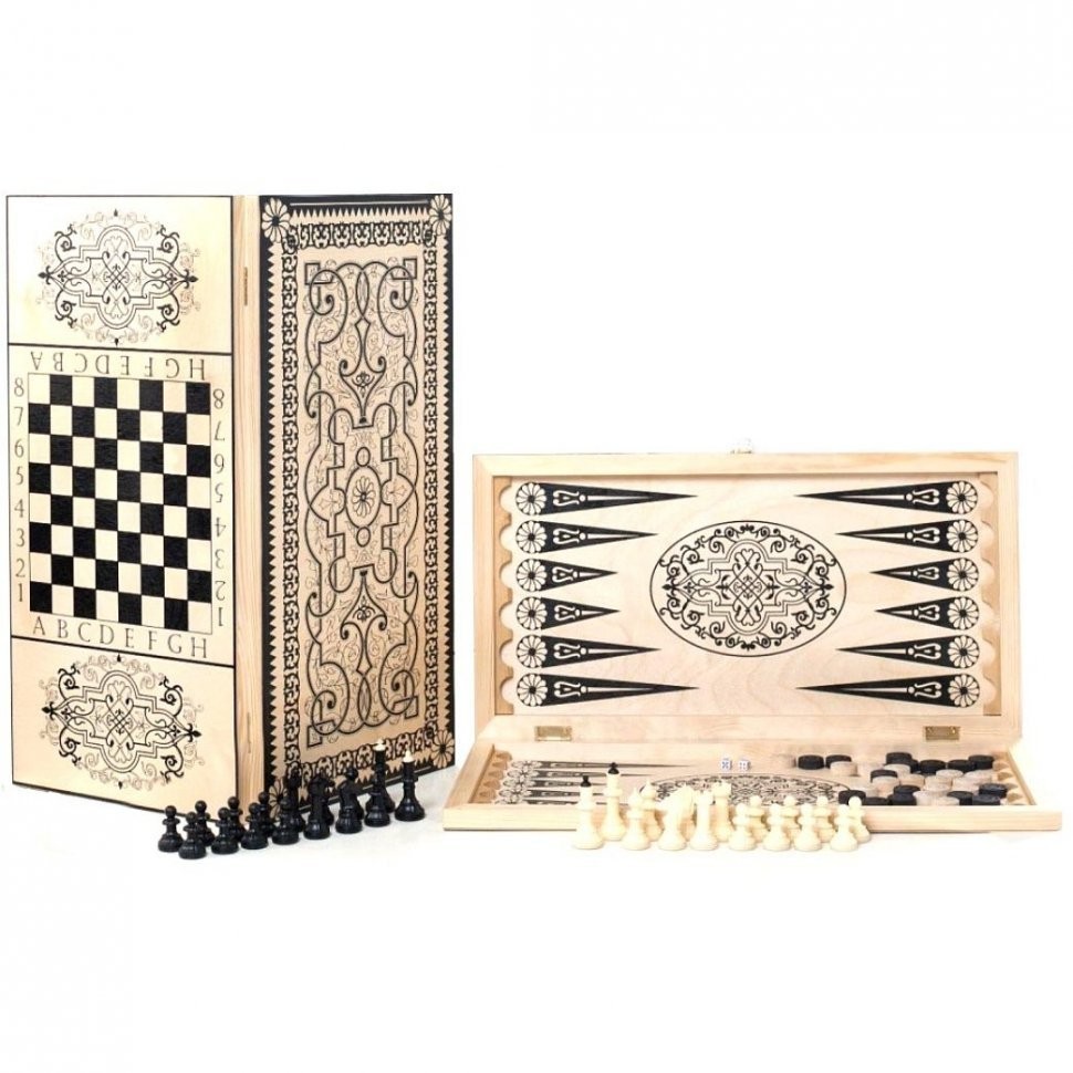 Игра 3в1 большая с обиходными деревянными шахматами "Объедовские" (нарды, шахматы, шашки) "Орнамент" (46141)
