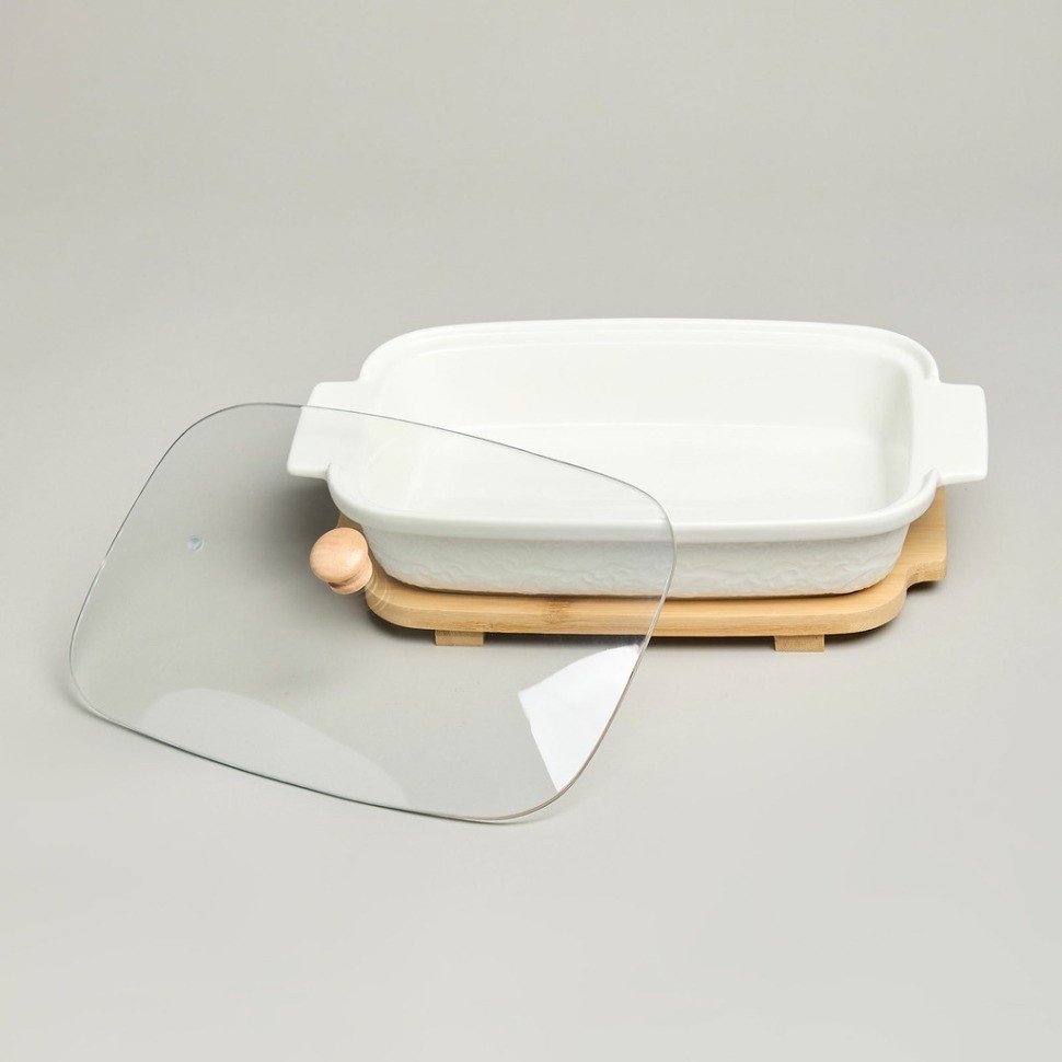 Блюдо для выпекания и сервировки lefard "muse" со стекл.крышкой на дер.подставке 27,5*17*9см 900мл (587-242)