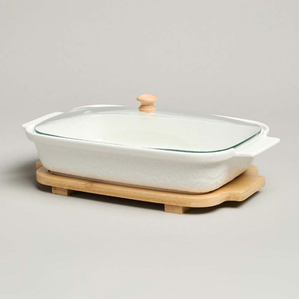 Блюдо для выпекания и сервировки lefard "muse" со стекл.крышкой на дер.подставке 27,5*17*9см 900мл (587-242)