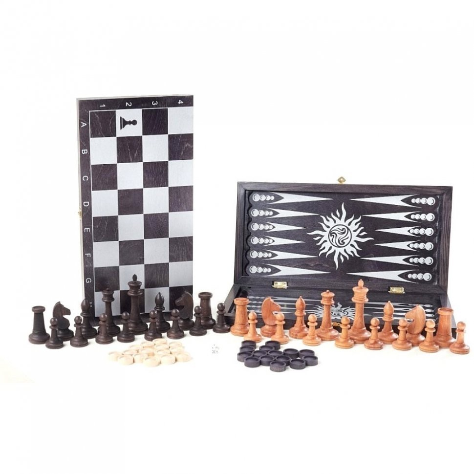 Игра 3в1 малая черная, рисунок серебро с гроссмейстерскими буковыми шахматами (нарды, шахматы, шашки (46250)