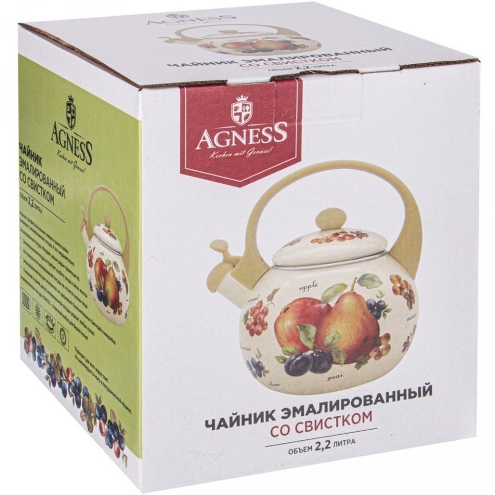 Чайник agness эмалированный со свистком серия "маки", 2,2л, индукционное дно (934-449)