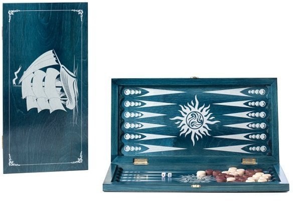 Нарды средние морская волна, рисунок серебро "Фрегат" (480*240*40) (46133)