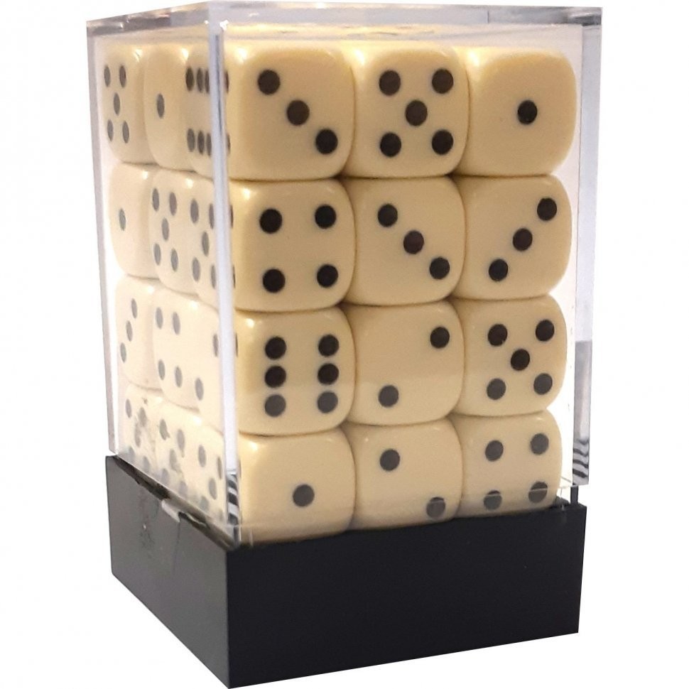 Набор кубиков D6, 12мм, 36шт, в пластиковой коробочке, цвет слоновой кости (29999)