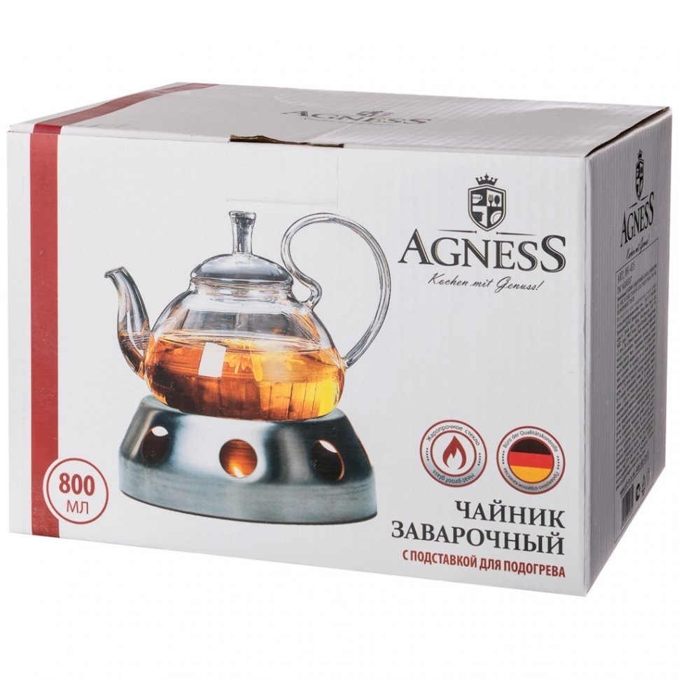 Чайник заварочный agness с фильтром из нжс и подставкой для подогрева 800 мл Agness (891-035)