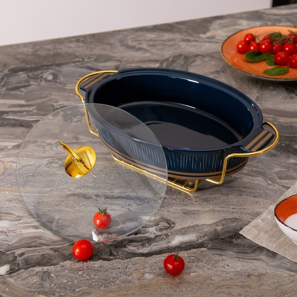 Мармит lefard "herbal" со стеклянной крышкой 33 см 1600 мл на металл. подставке синий (42-495)