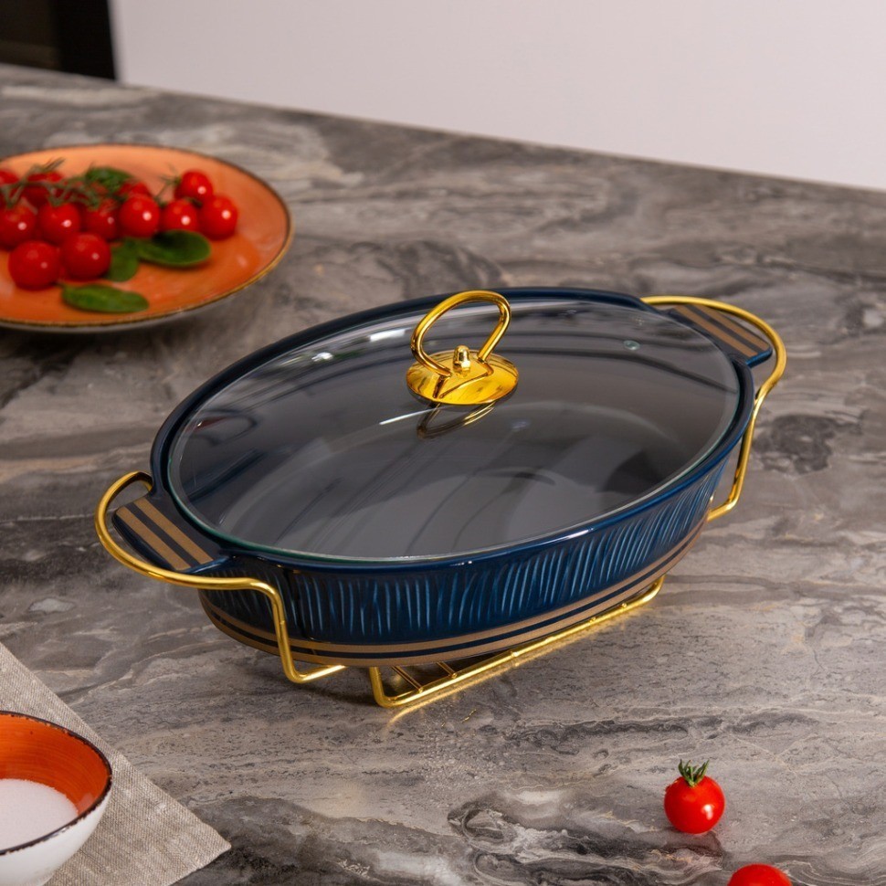 Мармит lefard "herbal" со стеклянной крышкой 33 см 1600 мл на металл. подставке синий (42-495)