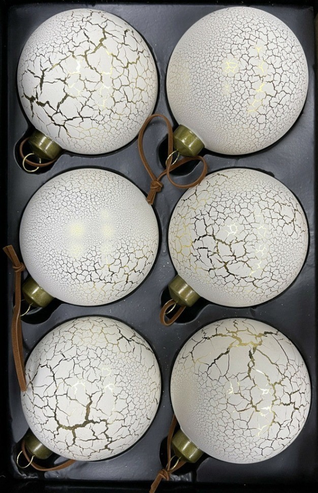 Набор стеклянных шаров  ø 8 см 6 шт. кремовый с кракле в дисплее (87207)