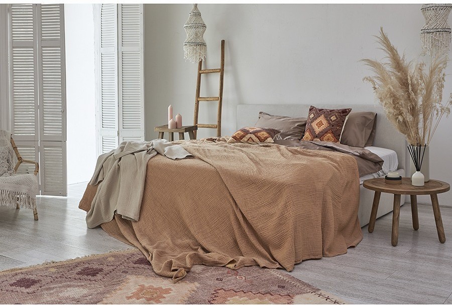 Покрывало двухстороннее из многослойного муслина цвета охры из коллекции essential, 180х250 см (75386)