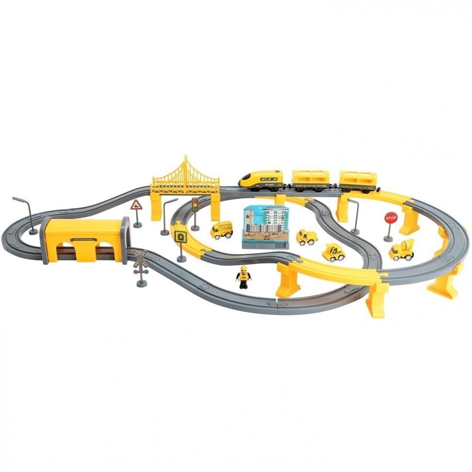 Железная дорога игрушка "Строительная площадка, 92 предмета", на батарейках со звуком (G201-001)