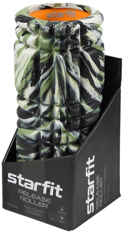 Ролик массажный FA-508, EVA/PP, низкая жесткость, 33x14 cм, зеленый камуфляж/оранжевый (2103725)