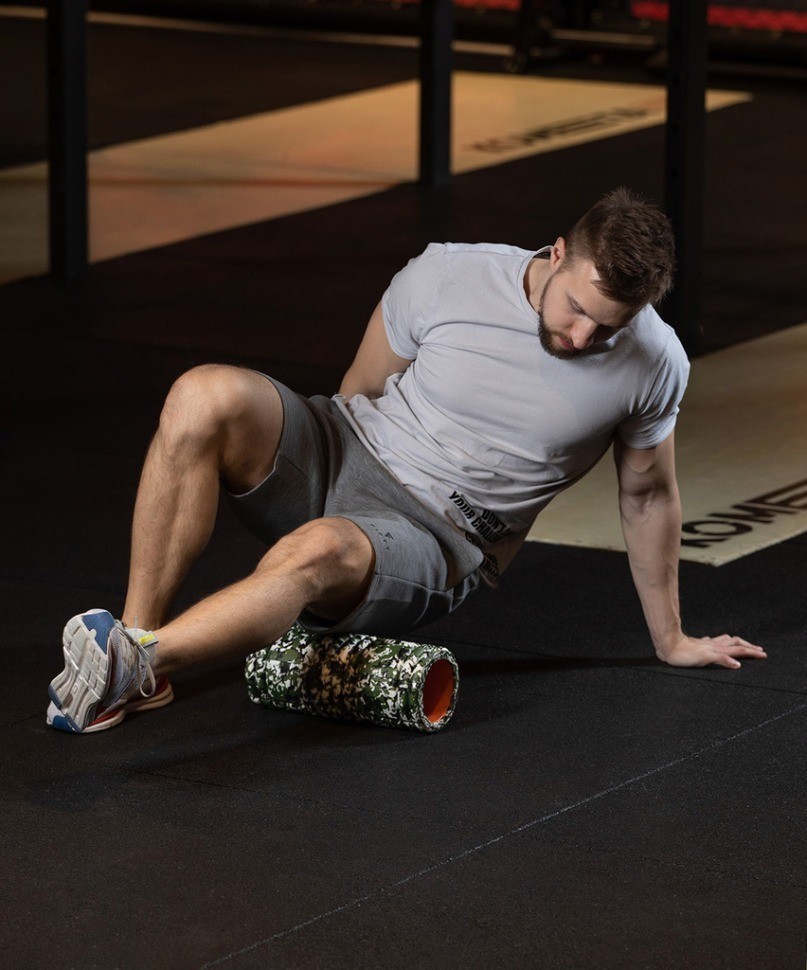 Ролик массажный FA-508, EVA/PP, низкая жесткость, 33x14 cм, зеленый камуфляж/оранжевый (2103725)