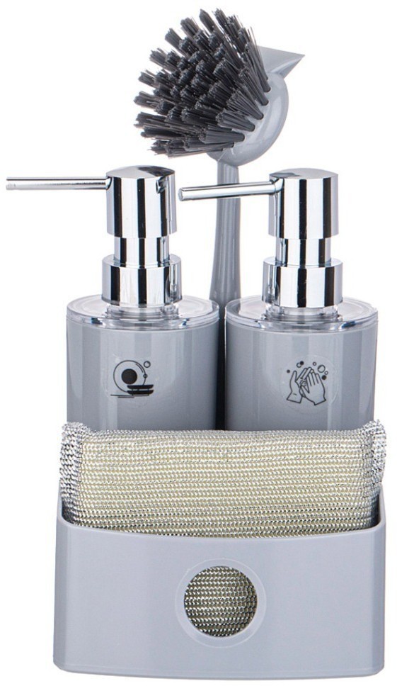 Дозатор для мыла двойной с губкой и щеткой, серый с серебром 300 мл LIMON (166-131)